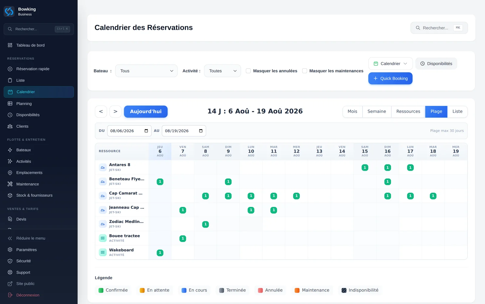 Calendrier SeaBook affichant les réservations reprises, réparties jour par jour sur la flotte