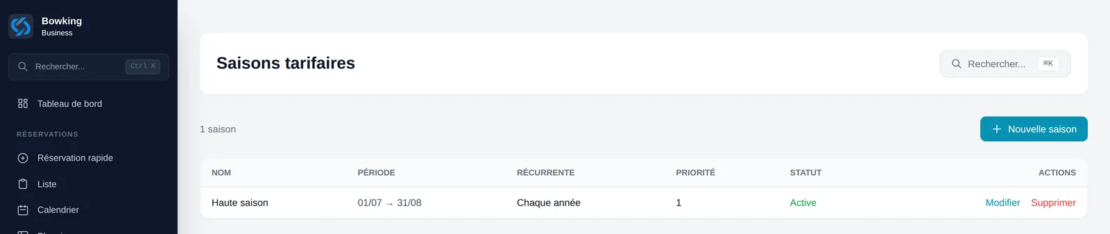 Écran de gestion des saisons tarifaires de location de bateau
